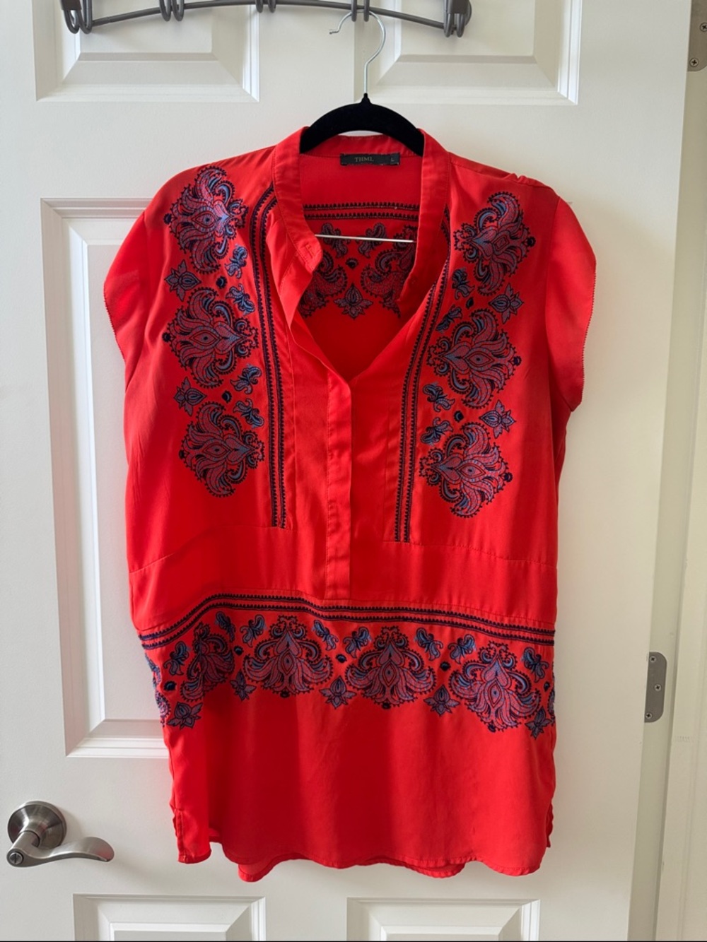 THML Orange V-Neck Tunic with Navy Embroidery